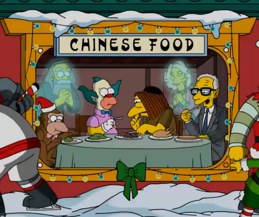 Jews at Chinese restaurant during the opening sequence of Simpsons Christmas episode 12-7-14