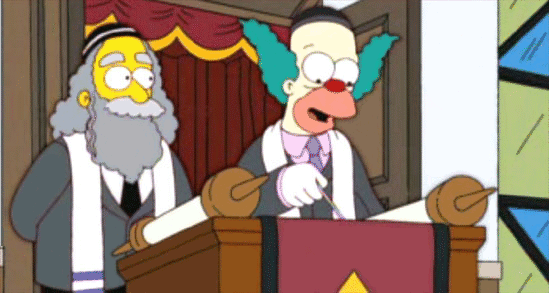 Krusty is guided at his Bar Mitzvah by his father, Rabbi Krustofski