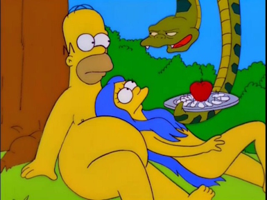 Snake tempts Adam and Eve in the Garden